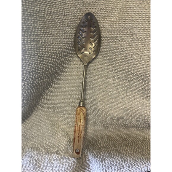 VINTAGE Ekco Eterna Stainless Steel w/Wooden Handle Slotted Straining Spoon USA - Picture 1 of 5